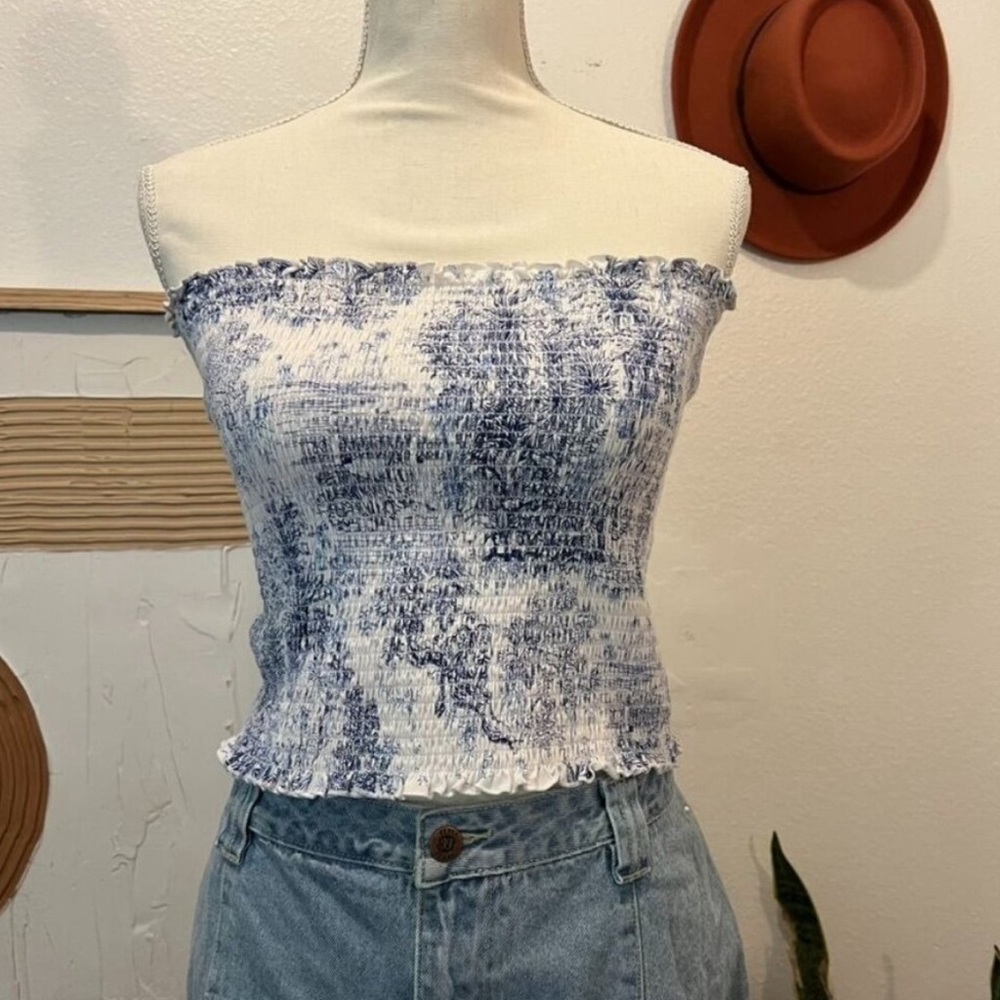 H&M White & Blue Summer Print Tube Top medium